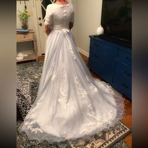 Custom designed and made, size 10 dusty blue modest wedding gown!
